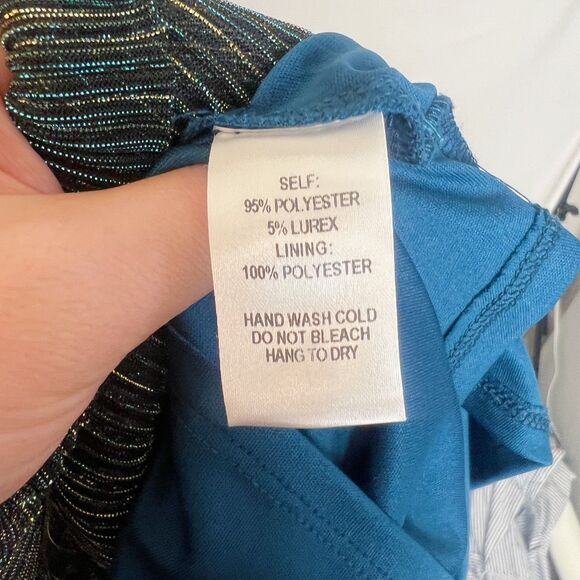 Lulus Ailey Gold and Teal Blue Metallic Skater Dress Women's Size M - Picture 6 of 6